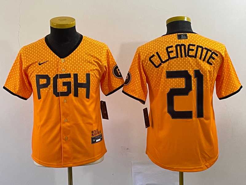 Youth Pittsburgh Pirates #21 Roberto Clemente Yellow 2023 City Connect Stitched Jersey->mlb youth jerseys->MLB Jersey
